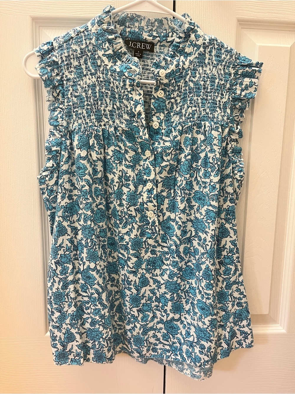 J. Crew Floral Smocked Sleeveless Blouse Teal Size Small
